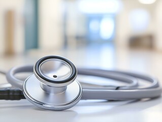 stethoscope on a light colored floor in a hospital, blurred background