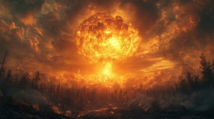 Catastrophic nuclear explosion with fiery mushroom cloud and burning landscape. Generative AI