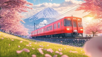 Cherry blossom with Red train in spring in Japan or Korea is the popular view spot,Illustration of Japanese spring,Panorama travel,tour advertising of world famous landmarks of Japan,autumn season.