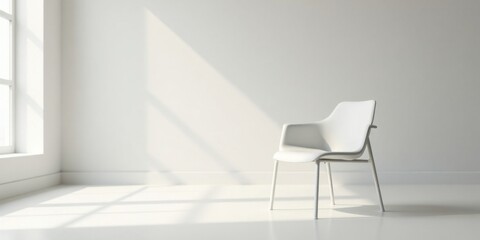 A solitary white chair bathed in sunlight in a minimalist room