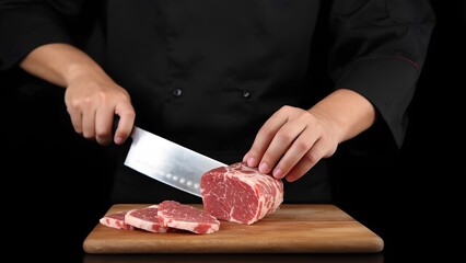 Chef slicing premium beef cuts in a kitchen food photography gourmet cooking dark background close-up perspective