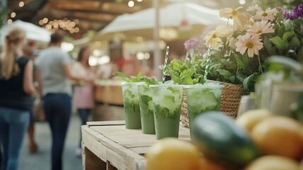 Row of healthy green smoothies sits on a wooden table during a busy farmers market event.