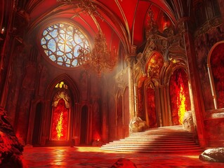 Fototapeta premium fiery throne room, red and gold, lava floor, dramatic lighting, fantasy architecture