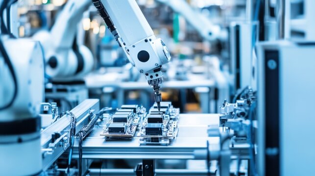 A bustling industrial robotics assembly line with robotic arms assembling complex electronic components for consumer electronics, Robotics assembly line scene, High-tech manufacturing style