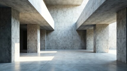 Fototapeta premium Sunlit Modern Concrete Structure Interior Design A Minimalist Architectural Space with Expansive Open Floor Plan and Concrete Pillars