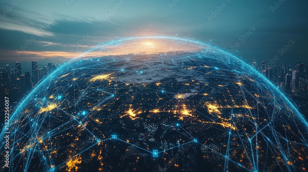 Poster globe displaying a network of lights representing global connections and communication technology