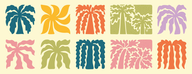 abstract boho palm tree tropical art set. retro groovy wavy summer palms. vector square tropical icons in hand drawn style for logo, print, poster, social media © Yanka
