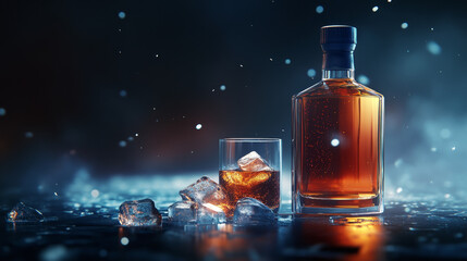 Brandy bottle and glass with ice cubes realistic vector poster. Closed flask with strong alcohol drink on dark background with defocused sparkles, advertising promo ad banner, 3d vector illustration