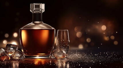Brandy bottle and glass with ice cubes realistic vector poster. Closed flask with strong alcohol drink on dark background with defocused sparkles, advertising promo ad banner, 3d vector illustration