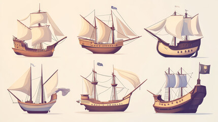 Sail and pirate boat with sails. Cartoon vector illustration set of vintage ships with wooden deck and masts. Cute medieval marine transport corsair and galleon for sea adventure game ui design.