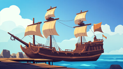 Cartoon old sailboat with wooden deck and captain dock, mast and canvas sails. Vector illustration of pirate and fishing vintage ships for game ui or childish book story design. Sea transport set.