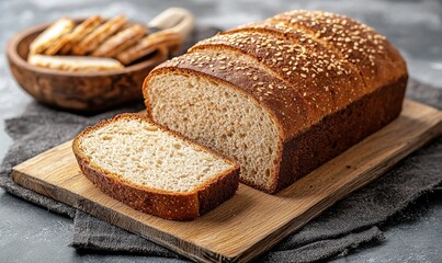 Sliced homemade bread loaf with sesame seeds on wooden board