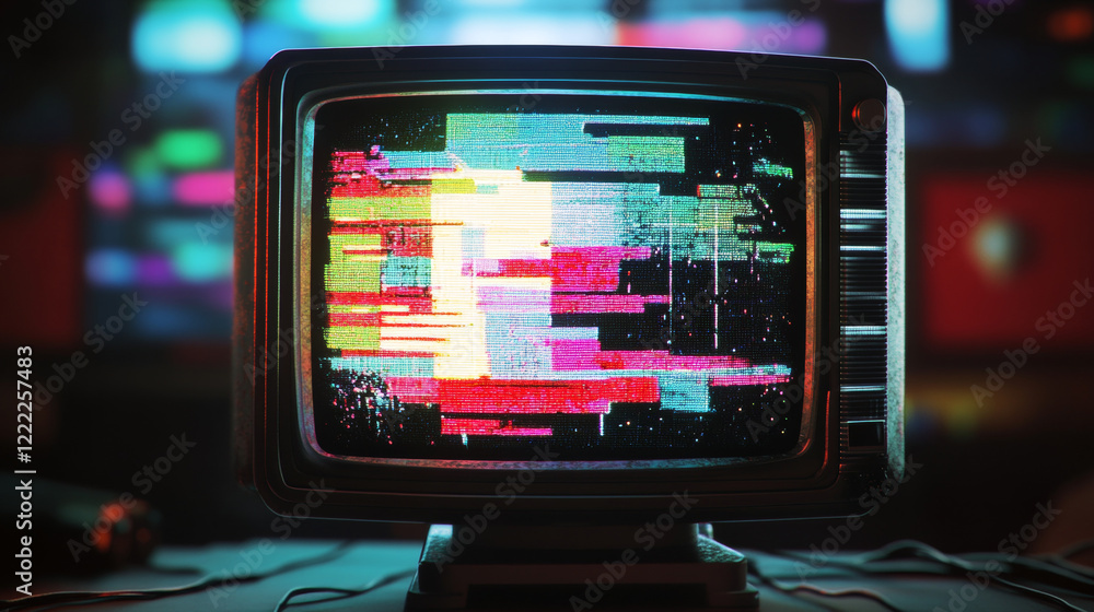 Poster Glitch game effect tv screen with pixel texture background. Vhs digital pattern with retro television graphic design. Signal error broadcast overlay with distortion line art. Wide speed rewind frame
