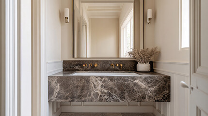modern minimalist bathroom with marble vanity and gold accents