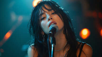 Female Singer Performing on Stage with Microphone Under Colorful Stage Lights Capturing Live Music Energy.