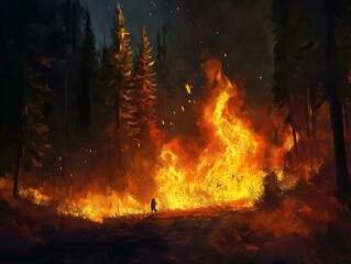 forest fire, intense flames, dark trees, dramatic lighting, nature scene