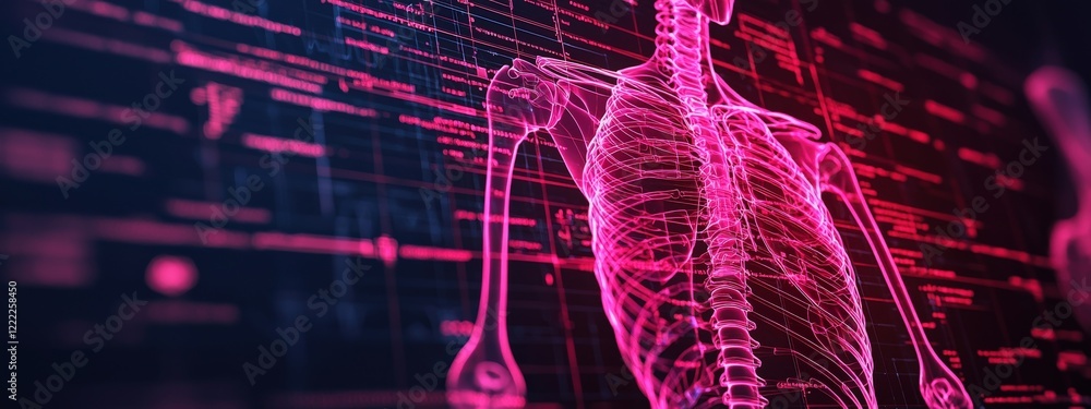 Poster futuristic digital visualization of human skeleton with neon lines and data overlay on dark backgrou