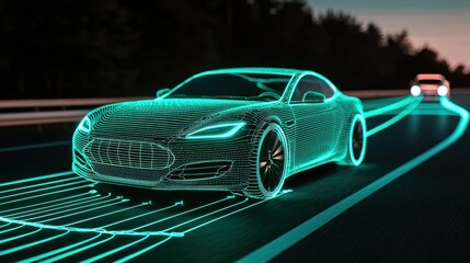 Futuristic Neon Car Design Featuring Wireframe Visualization on a Dark Highway at Dusk