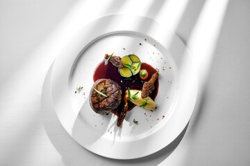 A close-up of a filet mignon, showcasing the tender and juicy meat. The dish is accompanied morels and a rich, creamy sauce, creating a delightful contrast of textures