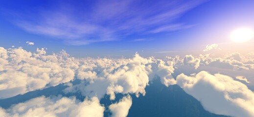 Fototapeta premium Beautiful panorama of clouds in the rays of sunset view from above, , 3d rendering