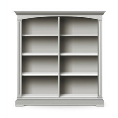 Gray bookcase, double section, empty shelves, white background, home decor