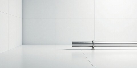A metallic tube rests on a gleaming white floor within a minimalist room