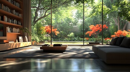Fototapeta premium A 3D rendering of a modern living room with a garden view
