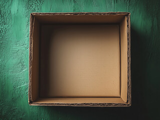 Mockup of an empty cardboard box on green monochrome background, 3d studio style