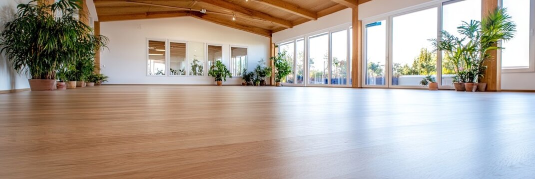 empty yoga shala with clean wood floors and natural lighting