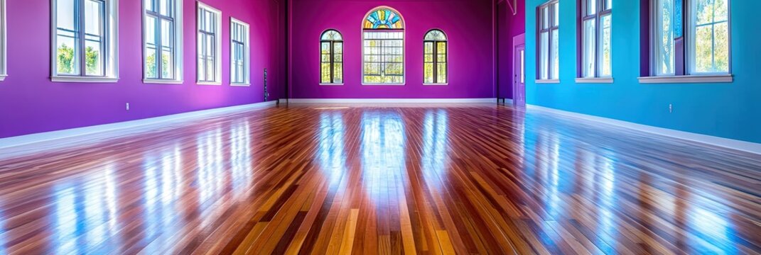empty yoga shala with clean wood floors and natural lighting