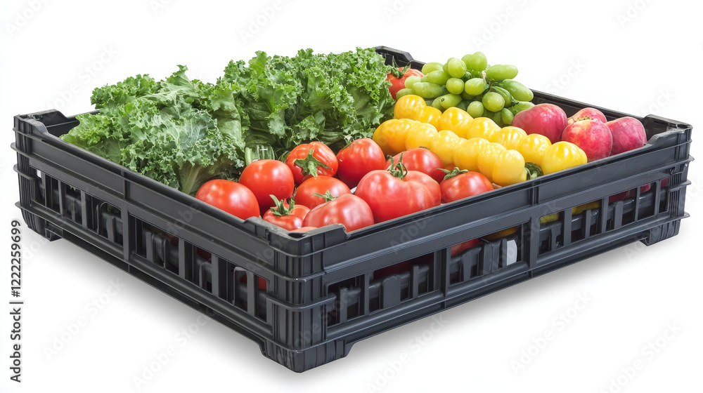 Poster vector set with red empty plastic crate front and side view. 3d vegetable box for grocery delivery. 