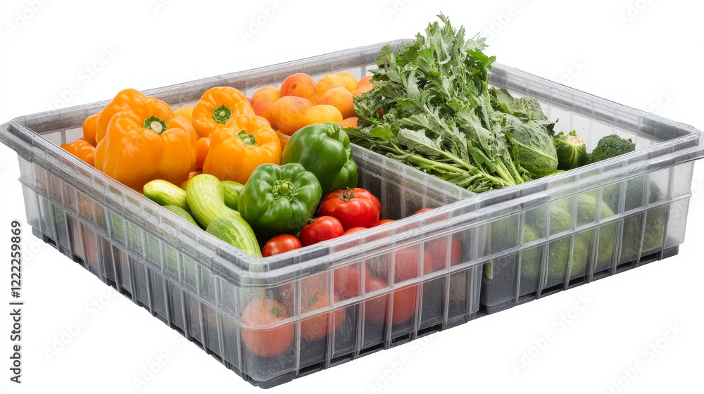 Poster vector set with red empty plastic crate front and side view. 3d vegetable box for grocery delivery. 