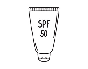 sunscreen tube lotion 50 SPF for protection from ultraviolet light doodle hand drawn icon. Outline drawing sunscreen tube line clipart symbol