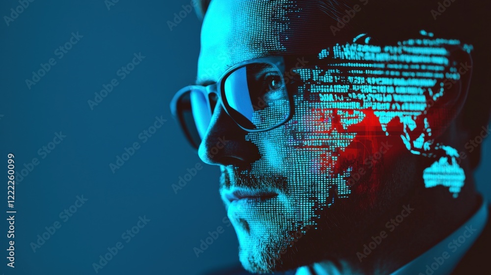 Poster innovative technology and data analysis concept with man in glasses and digital map projection on fa