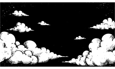 Linocut cloud background vector, cartoon style, black and white