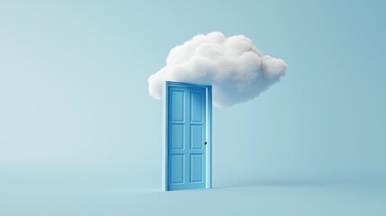 Open Door to a Fluffy Cloud in a Blue Sky