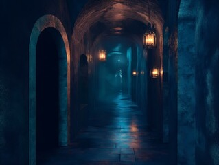 Fototapeta premium dimly lit arched hallway with candles, mysterious and atmospheric scene