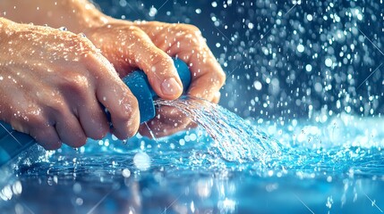 Fototapeta premium hands holding water stream, blue splash - close-up photography