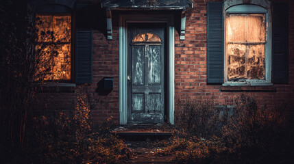 Old brick house facade with broken door and boarded up window at night. Vector cartoon illustration of abandoned residential building with cracks in wall and door glass