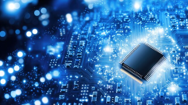 Futuristic Microchip Surrounded by Digital Circuitry and Glowing Connections in Blue Color Scheme