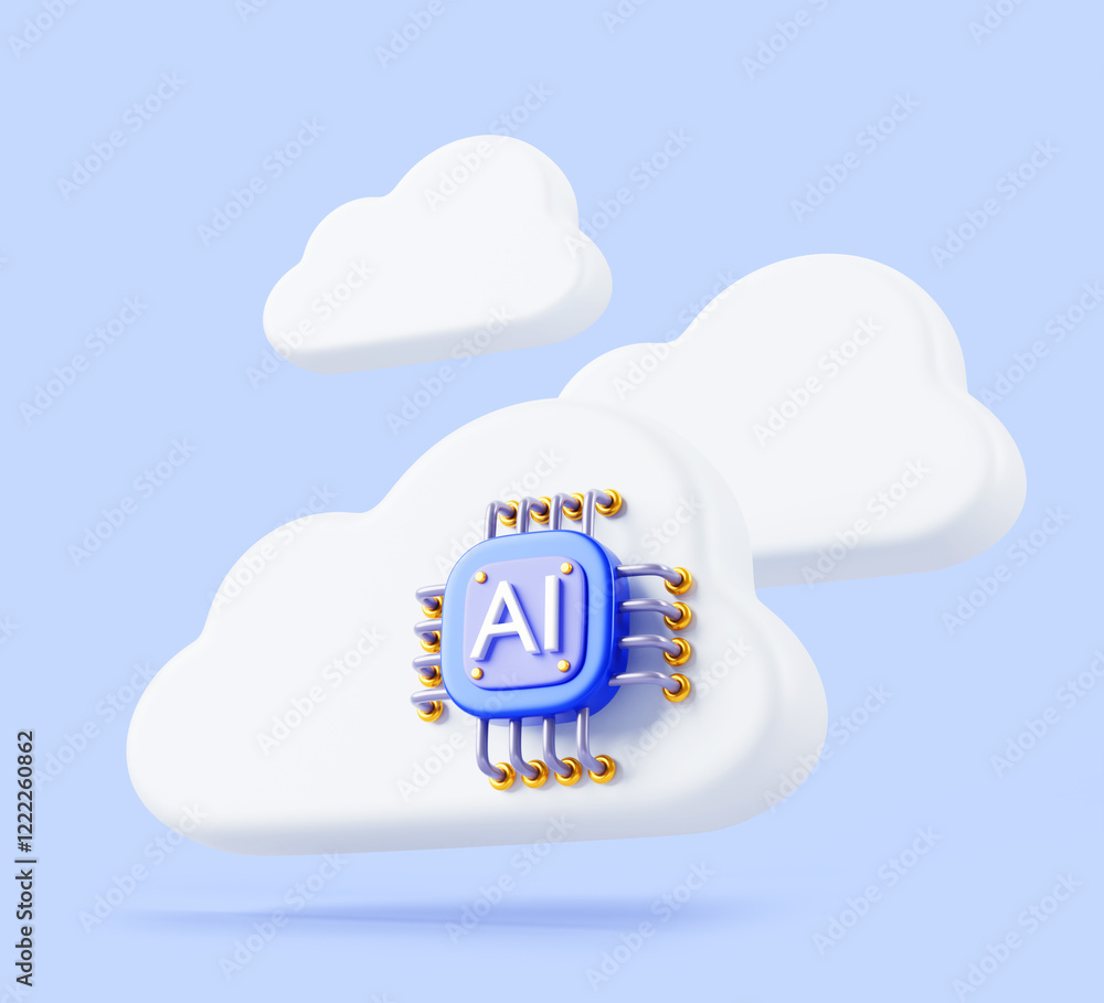 Fototapete AI cloud service 3d banner. Artificial intelligence cloud computing infrastructure technology with chip render. Concept of algorithms, machine learning, analysis and storage big data. 3D illustration