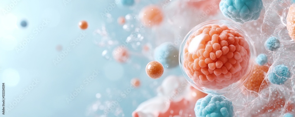 Poster abstract visualization of colorful cells in a microscopic environment.