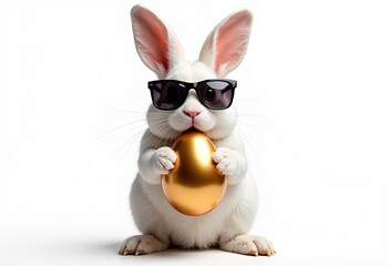 Obraz premium Playful Easter Bunny, Sunglasses, Shiny Egg, Upright, Paws, Isolated White Background, Soft Lighting, Detailed Texture, Modern Design, Easter, Realistic, Whimsical Style. 