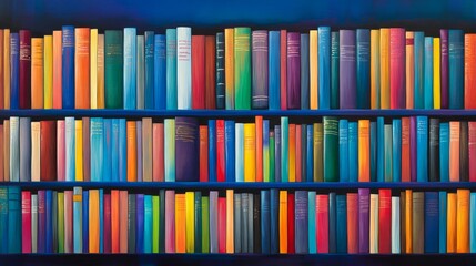 A vibrant bookshelf filled with colorful books arranged neatly against a blue background