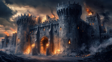 Fototapeta premium Ancient classic architecture with arches, wall from stone bricks and burning torches. Vector cartoon illustration of old castle, palace or temple facade with granite blocks and arcade at night