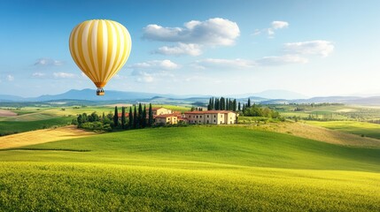 Obraz premium Hot Air Balloon Flying Over Lush Green Fields and Rolling Hills in the Tuscan Countryside