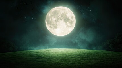 Illuminated Full Moon Rising Over Lush Green Field Under Starry Night Sky