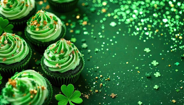 Festive green cupcakes with shamrocks and glitter for st. patrick's day celebration