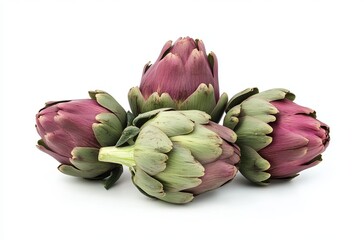Fototapeta premium Pile of three artichokes isolated on a white background