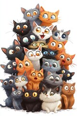 Image of several funny and playful cats on a white background, cartoon style.